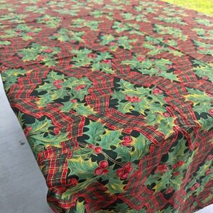 Christmas Holly Ribbon Tablecloth Red Green Kitsch Holiday LONG Handmade 117×60"